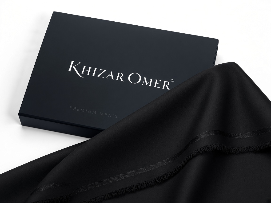 Black Panther black wash and wear fabric beside Khizar Omer premium box